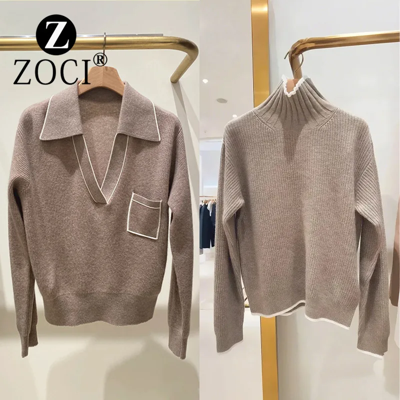 [ZOCI] French Single Niche Winter Temperament Versatile Border V-neck Wool Knit Sweater Solid Color