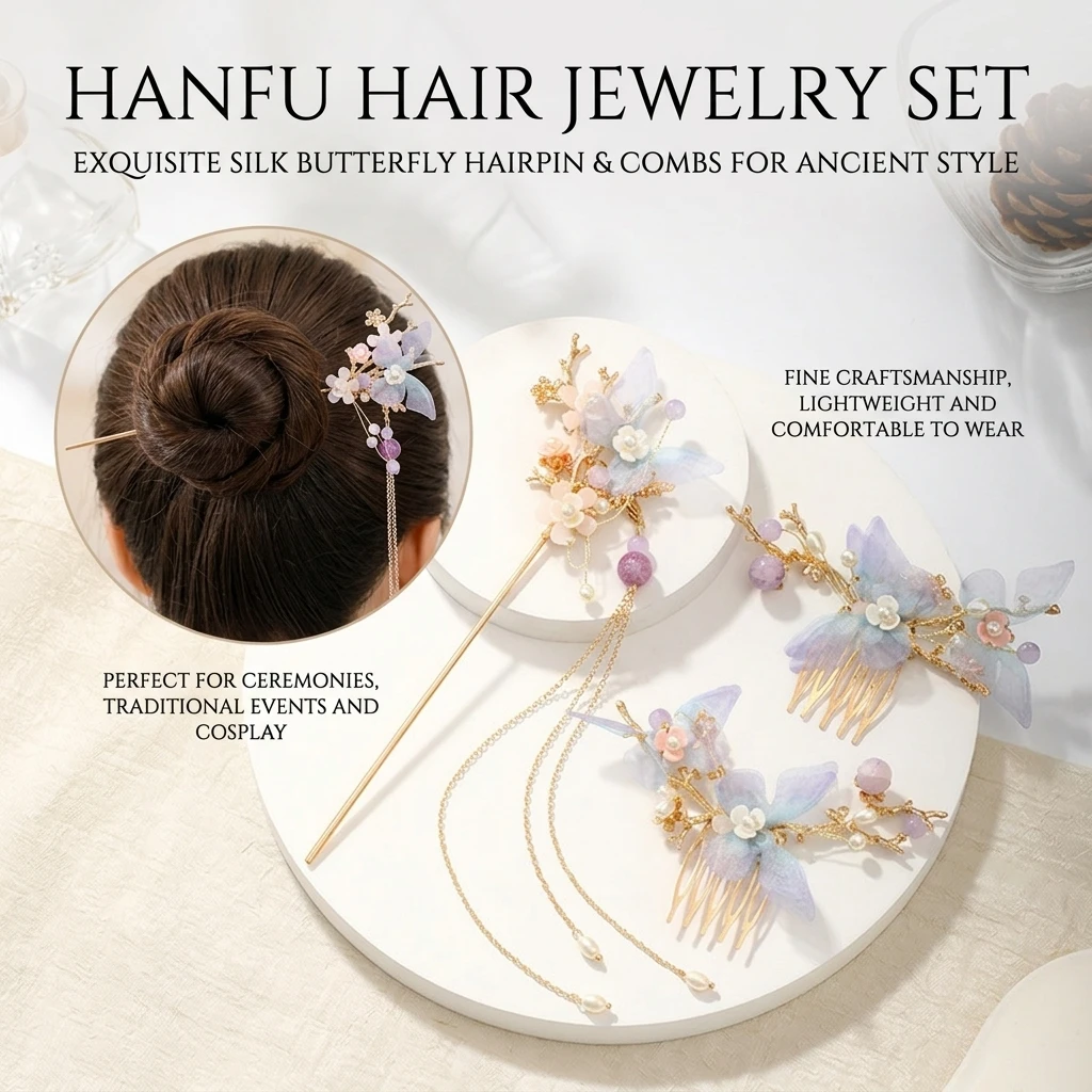 Antique Silk Butterfly Hairpin Elegant Jewelry Hair Accessories Hanfu Cosplay Tassel Comb Set Traditional Chinese Style Headwear 3