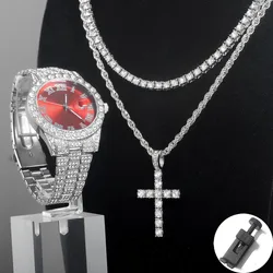 Men Hip-hop Watch Jewelry Gift Set Iced Out Silver Quartz Watch&Cross Pendant Necklace Men Women Street Punk Luxury Party Gift