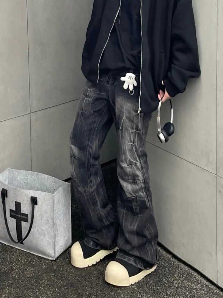 Cleanfit American High Street Vintage Folded Lightning Pattern Loose Straight Leg Men's Jeans Casual Long Trousers Trendy