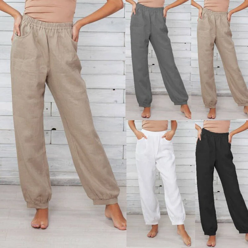 Pantalon Long en Coton et Lin pour Femme, Vêtement Simple et Élégant, Couleur Unie, Confortable, FJHomewear, à Ceinture artificiel astique, à la Mode