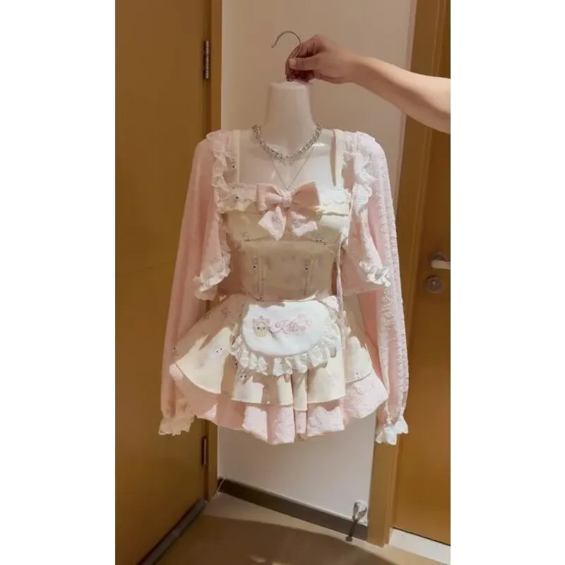 

Весенне-осенний новый милый кружевной кардиган для девочек + топ с бантом на бретельках + юбка на талии, женский комплект из 3 предметов, новая одежда для девочек