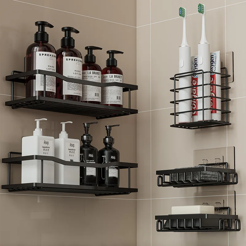 Drill-Free Iron Bathroom Shelf Organizer, Wall-Mounted Shower Storage Rack for Toiletries & Soap Holder