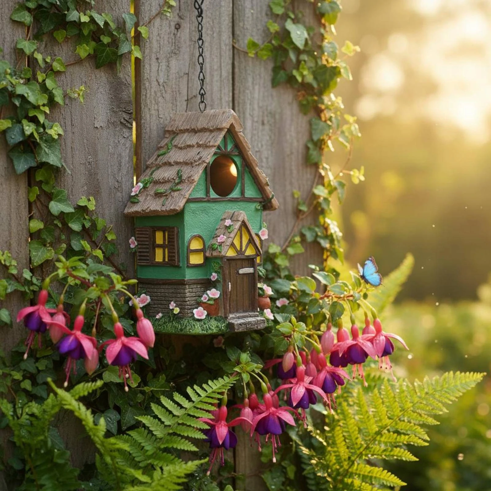 Green Cottage Birdhouse Long-Lasting Fairy House Birdhouse Decorative Bird House Hand-Painted Garden Decor Easy to Clean