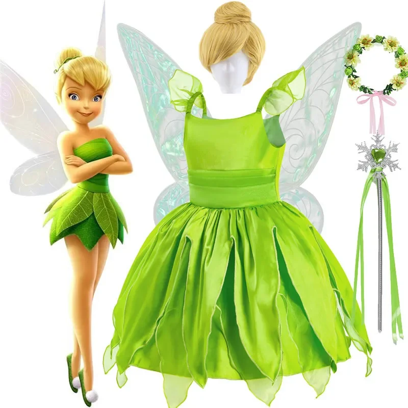 Halloween Tinkerbell costume for girls flower fairy cosplay costume Kids Carnival green princess gown children birthday gift