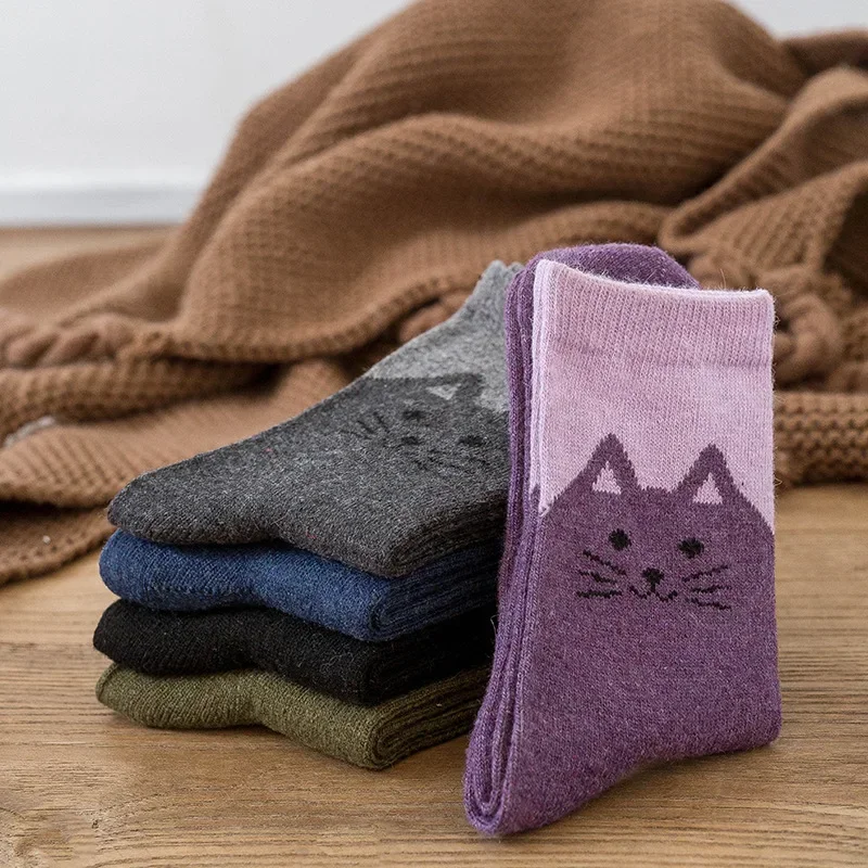 5 paires automne hiver femmes mignon laine extérieur mi-mollet chaussettes dessin animé chat épaissi chaud Style ethnique intérieur chaussettes de sol