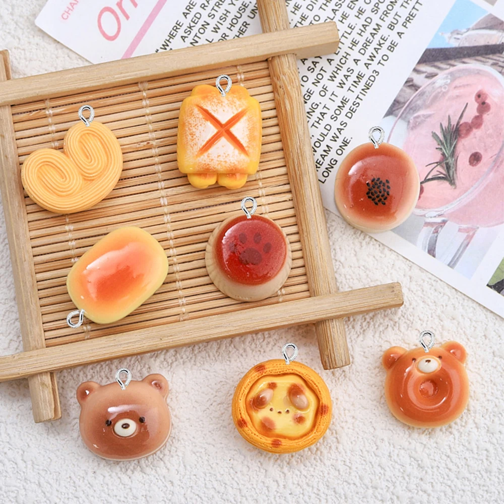 10PCS Shiny Cartoon Bear Bread Series Flat Back Charms For Earrings Bracelet Hairpin DIY Jewelry Pendants Decoration Accessories