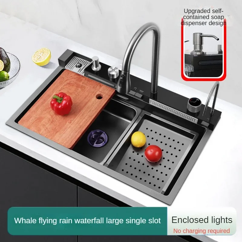 Whale Flying Rain Faucet Digital Display Kitchen Sink 304 Stainless Steel Handmade Vegetable Washing Basin Large Single Slot