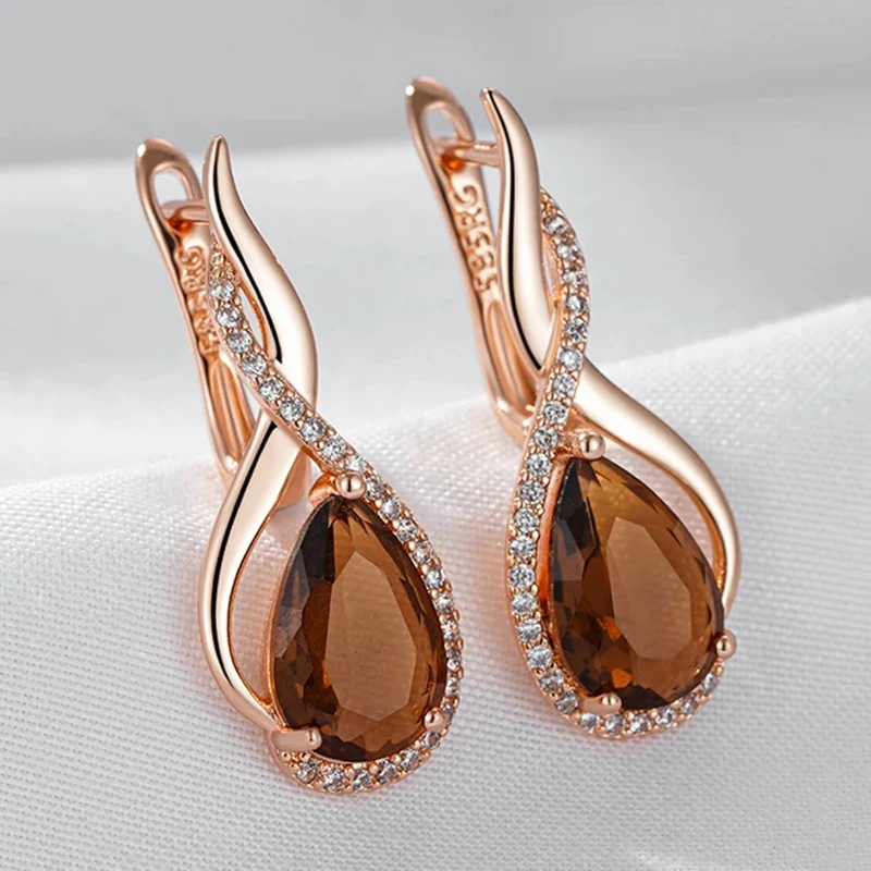 Wbmqda Brown Stone Long Drop Earrings For Women 585 Rose Gold Color High Quality Daily Party Jewelry Accessories