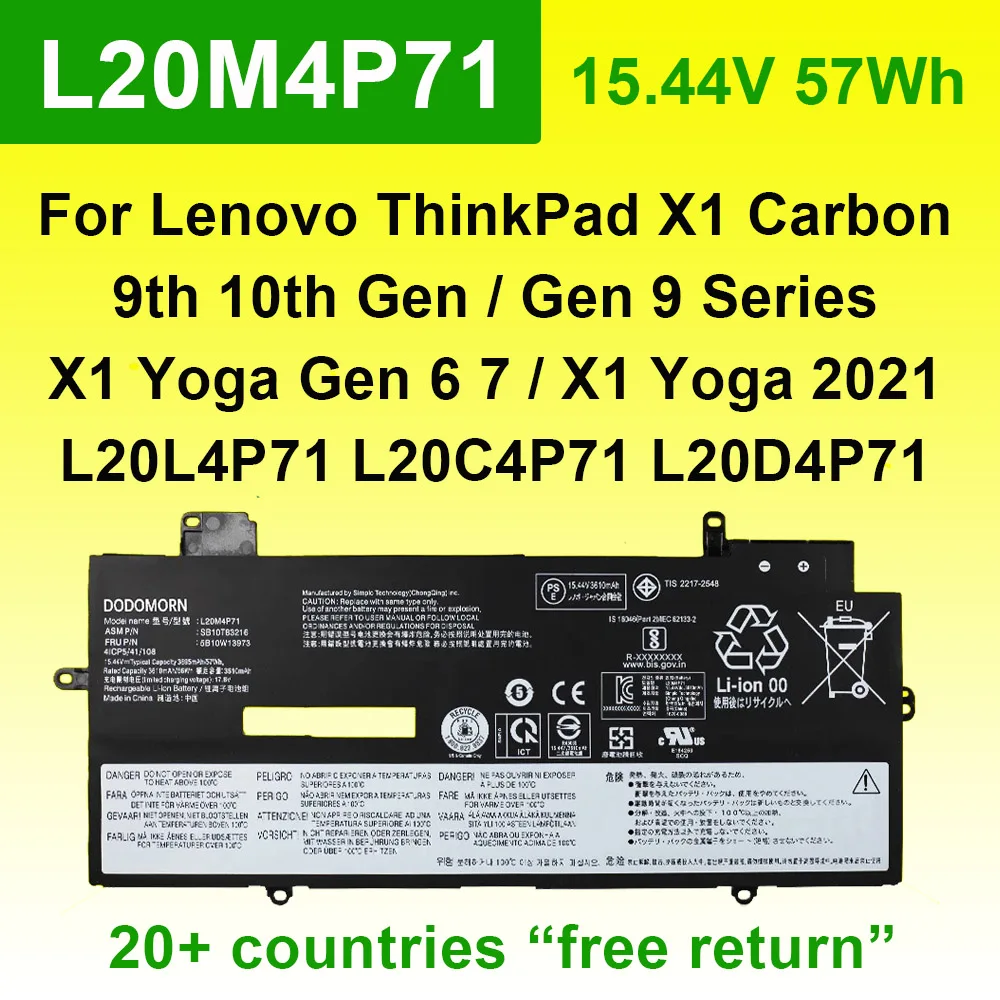 L20M4P71 For Lenovo ThinkPad X1 Carbon Gen 9/10,Yoga 6th 7th 2021 2022 Laptop Battery L20L4P71 L20C4P71 L20D4P71 SB10T83216