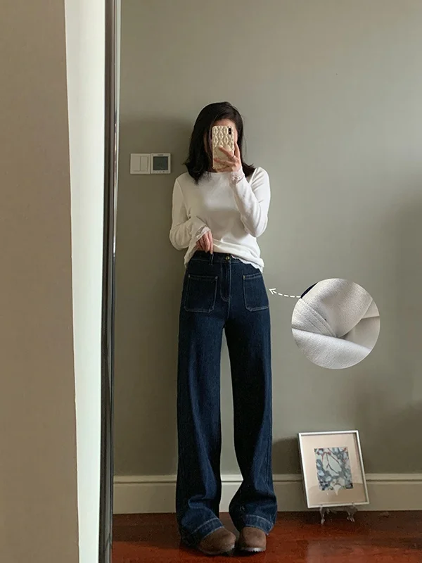 

Retro Sle Fce Lined Slim Straight Denim Jeans for Women Autumn Winter Faion Vintage Wind Cold Proof Ladies Pants