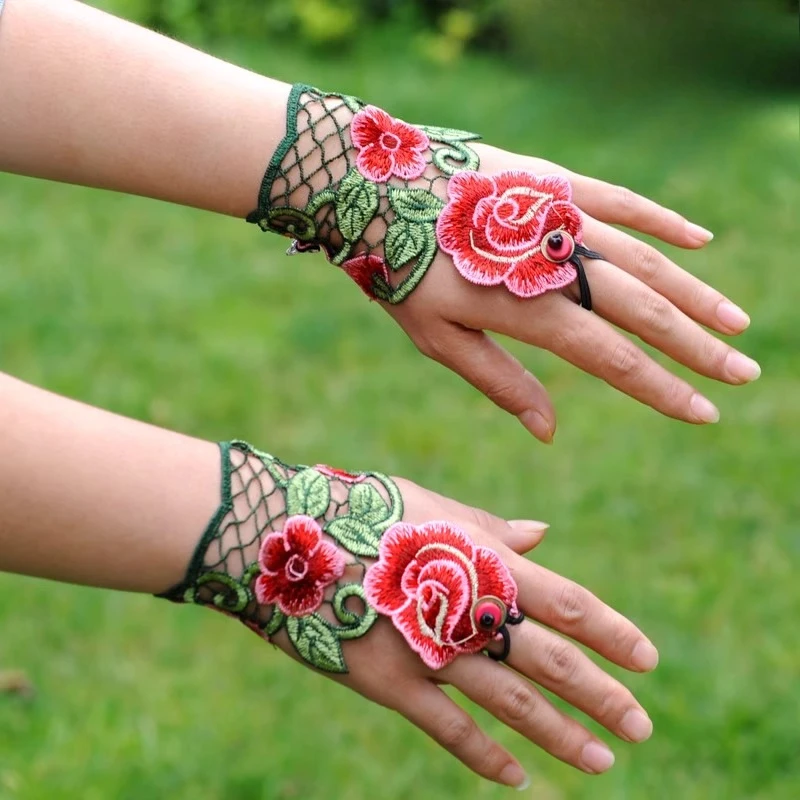 Guante étnico chino bordado con flores para mujer, ropa de mano Vintage para baile folclórico de encaje