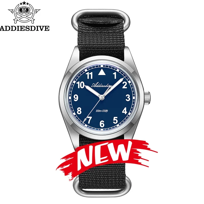 

ADDIESDIVE Men Watch 36mm Luminous Bubble Mirror Glass 316L Steel VH31 100M Diving Sandblasted Case Nylon Strap Quartz Watch