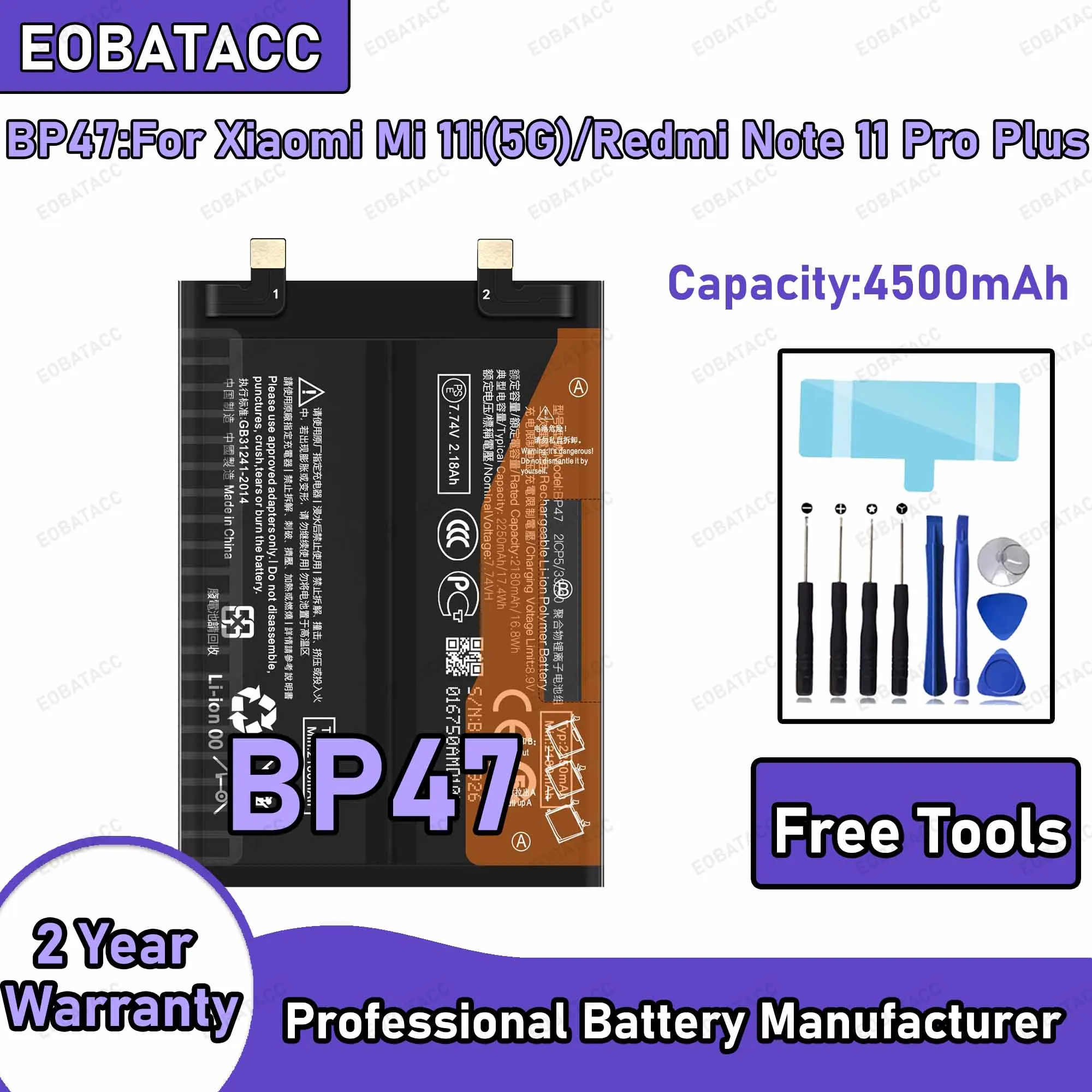 4500mAh BP47 Replacement Battery for Xiaomi  Mi 11i 5G/Redmi Note 11 Pro Plus battery Repair Tools Kit