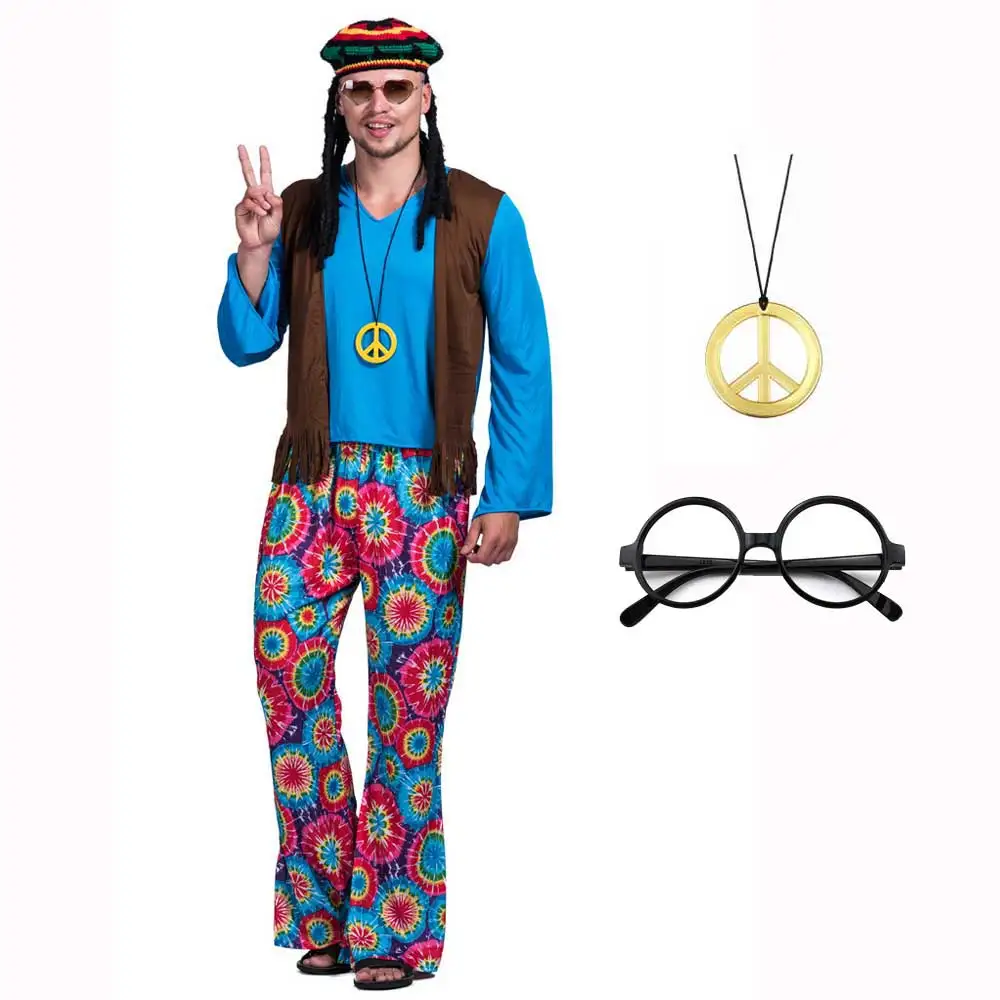 Halloween Hippie Kostuum Mannen 60S 70S Hippie Set Broek Shirt Franje Vest Glazen Frame Ketting Rasta Hoed Dreadlocks