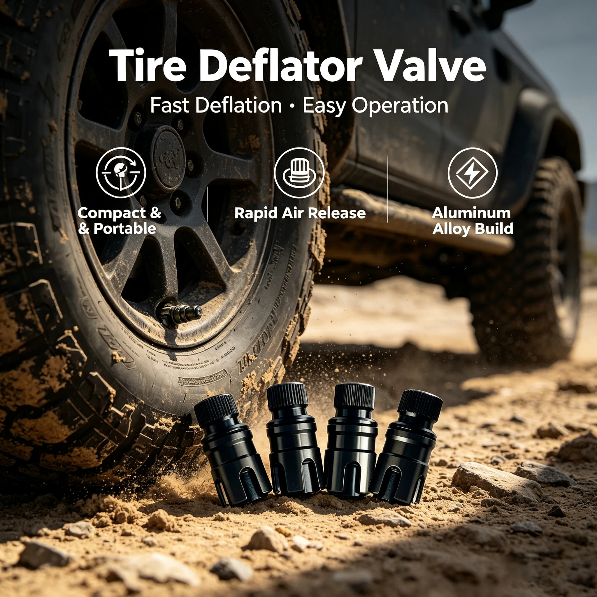 4Pcs Off-Road Tire Deflator, Rapid Air Release Pressure Adjustment Valve, Boost Traction on Soft Sand, Universal for Cars, Truck
