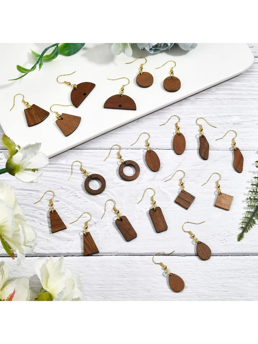 Wood DIY Earring Making Kit including 40pcs Saddle Brown Walnut Wood Drop Pendants Oblate Teardrop Links Connectors 100pcs Brass