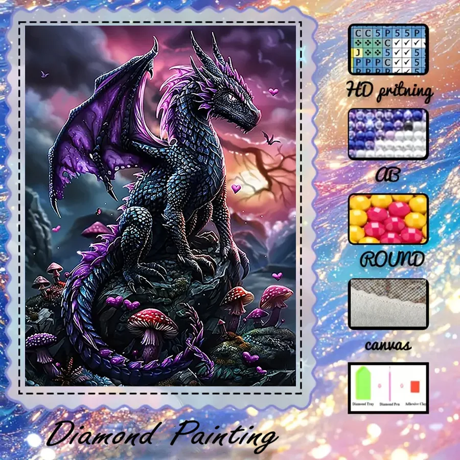 1 piece - 5D-DIY - Flocking cloth - Special drill - Diamond painting set - Dragon, mushroom - Mosaic - Diamond art