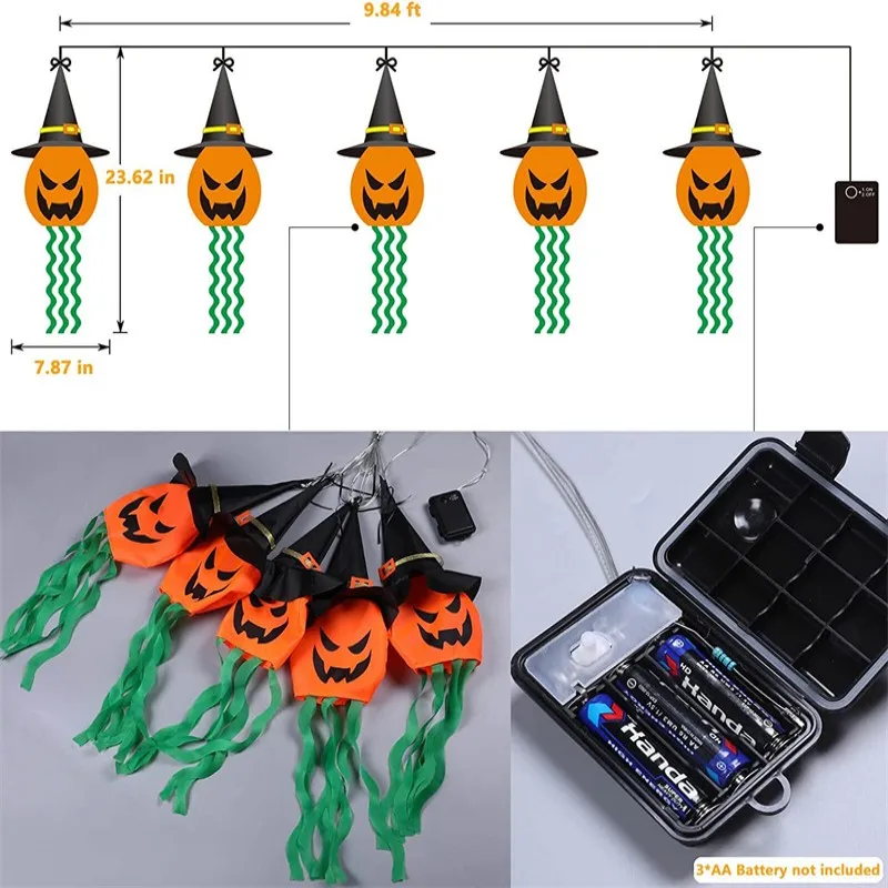 Halloween Decor Outdoor Hanging Pumpkins With Witch Hats Led Colorful String Lights Waterproof Battery Home Porch Yard Garden