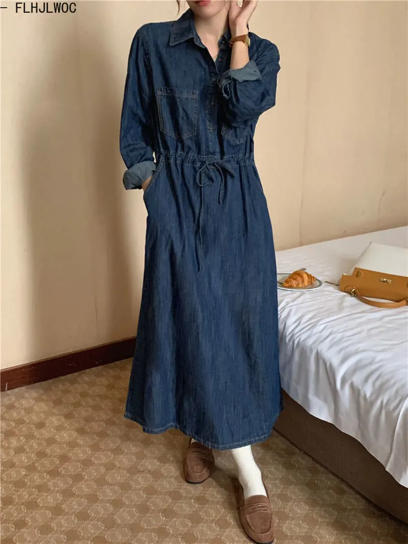 Denim Dresses New Design Woman Casual Cute Sweet Korea Chic Style Girls Retro Vintage Cotton Jeans Blue Long Denim Shirt Dress
