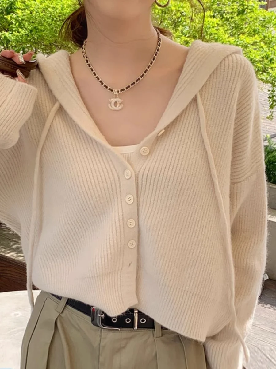 Hood Knit Women 2024 Early Autumn New Top 2024 New White Long sleeve Outdoor Cardigan sweater Outerwear