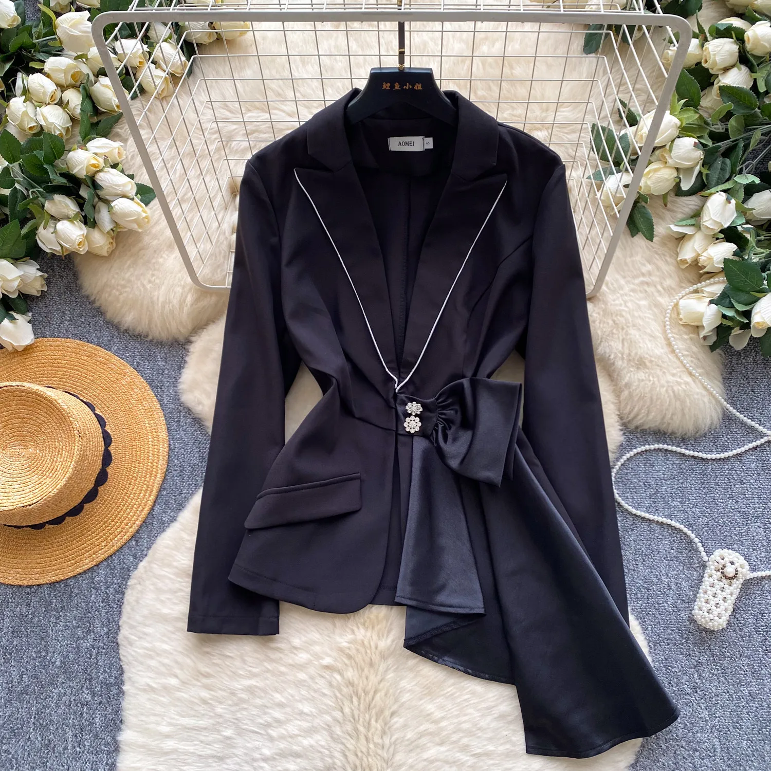 SuperAen Korean Style Black Bow Tie Coats for Women 2026 Summer New Long-sleeved Design Elegant Office Lady Coats