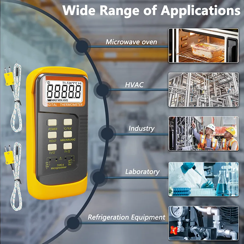 Digital K Type Thermocouple Thermometer -50 to 1300°C Dual Channel, 2 Pipe Clamps and 2 Sensor Probes for Accurate Measurement - view 2