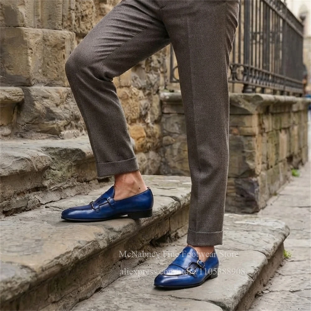 Gradient Leather Double Monk Strap Dress Shoes Men Pointed Toe Slip on Dress Shoes Handmade Business Casual Daily Office Formal