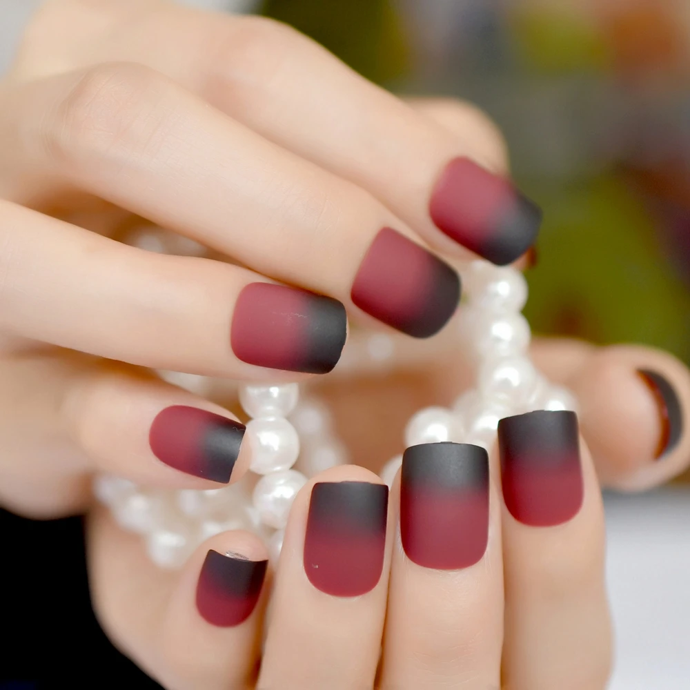 Gradient Frosted Fake Nail Artificial Nails Black Red Wine Matte Nail Tips for Acrylic Nails Square Tip Kit with glue sticker image 5