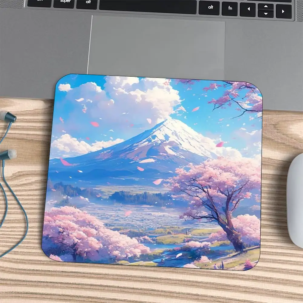 Japanese Fuji Mountain Cherry Blossom Square Mouse Pad Non Slip Rubber Mat Smooth Surface For Gaming Office Laptop PC Daily Use