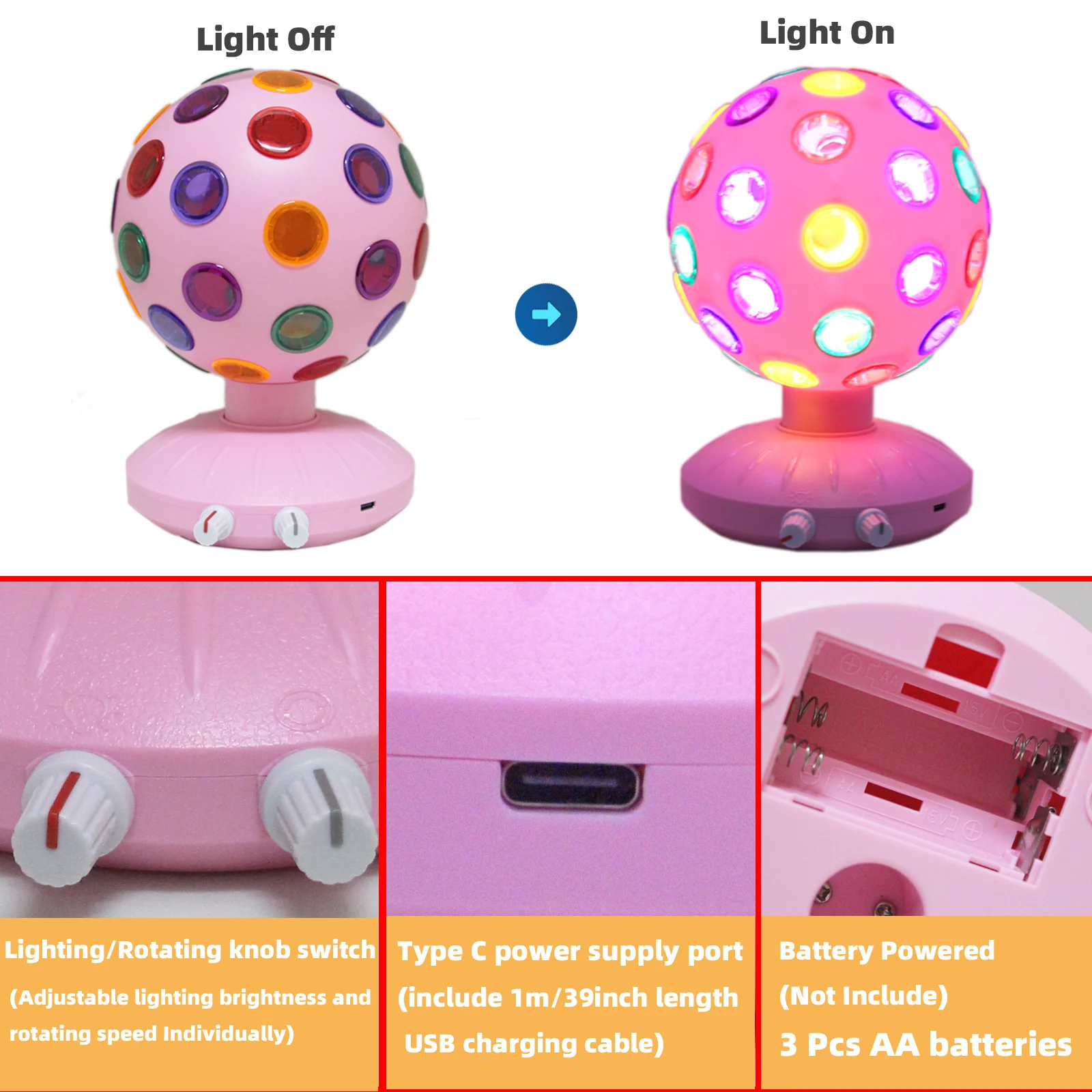 Bola de discoteca giratoria rosa Iluminación ambiental 360 °   Lámpara ajustable de velocidad/brillo giratorio (USB /3 pilas AA)