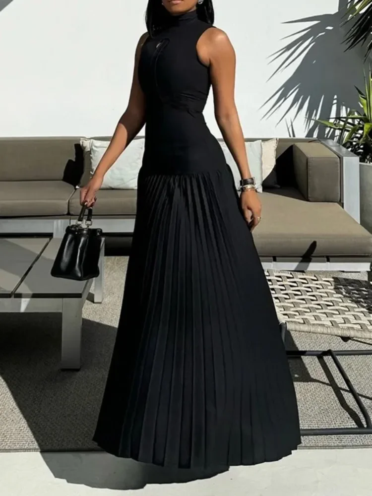 Missuoo Summer Women's Party Dress Solid Black Skinny High Neck Sleeveless Pleated Maxi Dress Female Elegant Big Swing Dresses