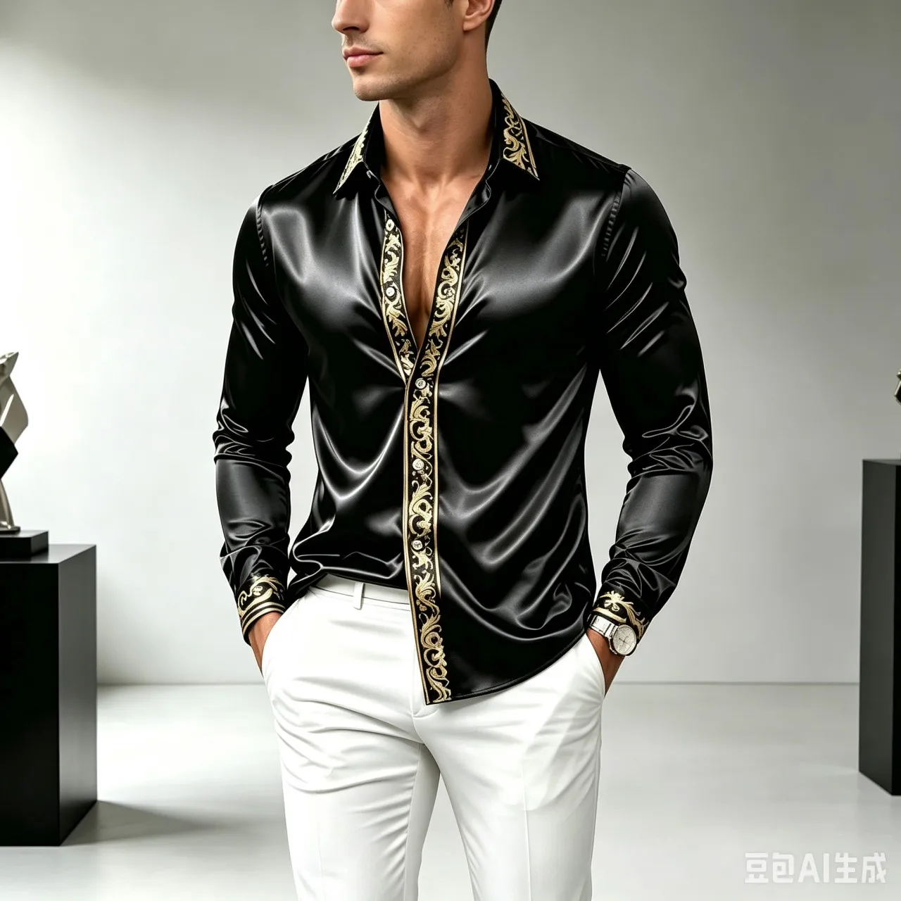 Men's shirt, satin slim fit, gold Baroque print, casual, business, evening wear, streetwear