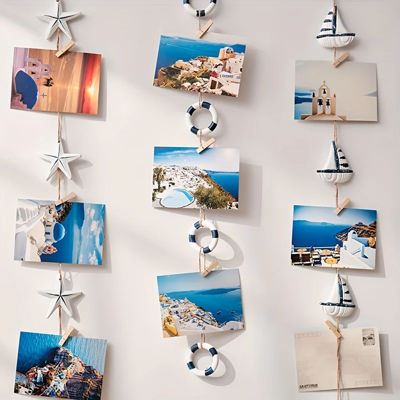 Shell Life Buoy Small Fish Wall-mounted Photo Display Rope With Clips Hanging Photos Clamp Home Decor Tassel Photo Hanging Rack