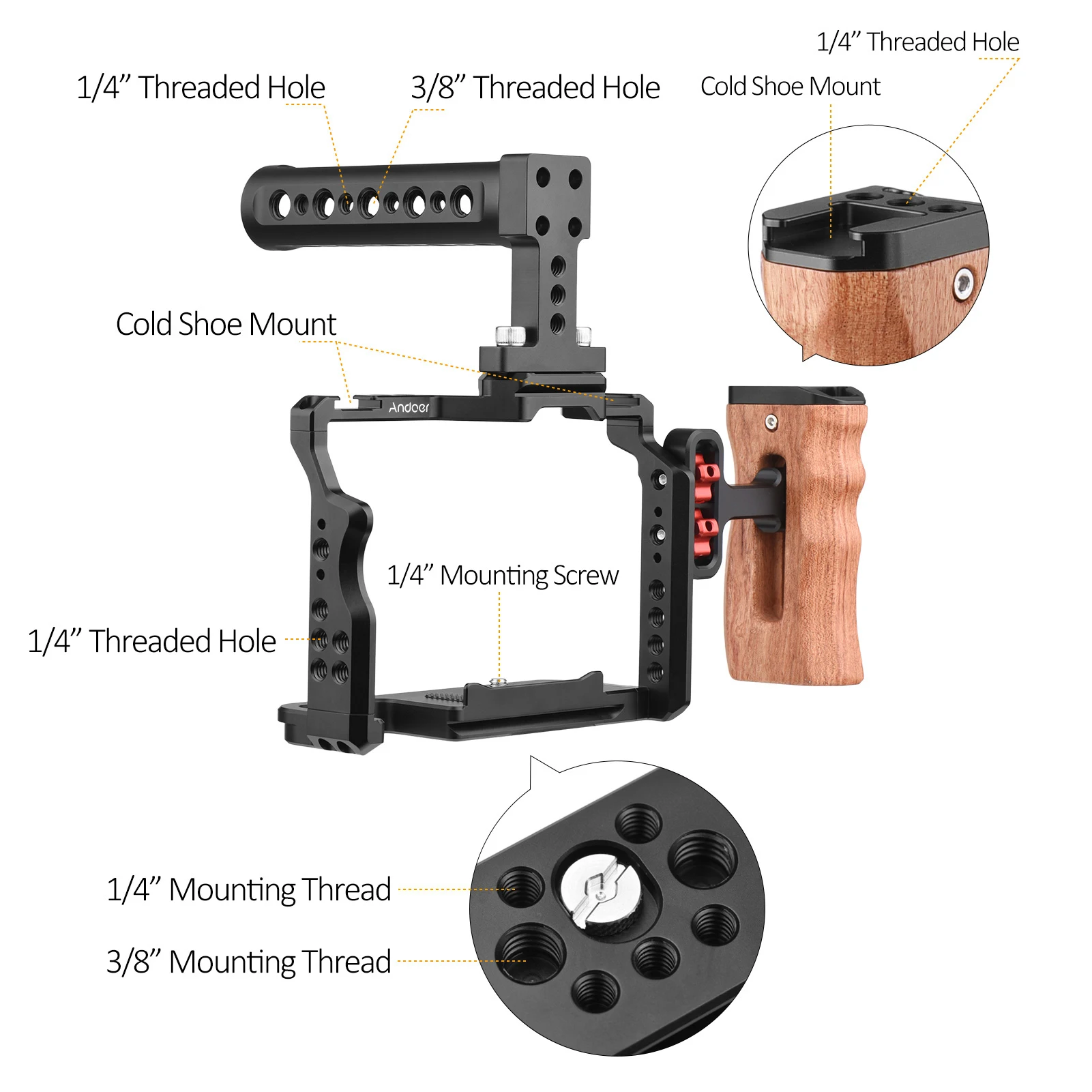 

Andoer Camera Video Cage + Top Handle + Side Wooden Grip Kit Aluminum Alloy with Dual Cold Shoe Mounts Numerous 1/4 Inch Threads