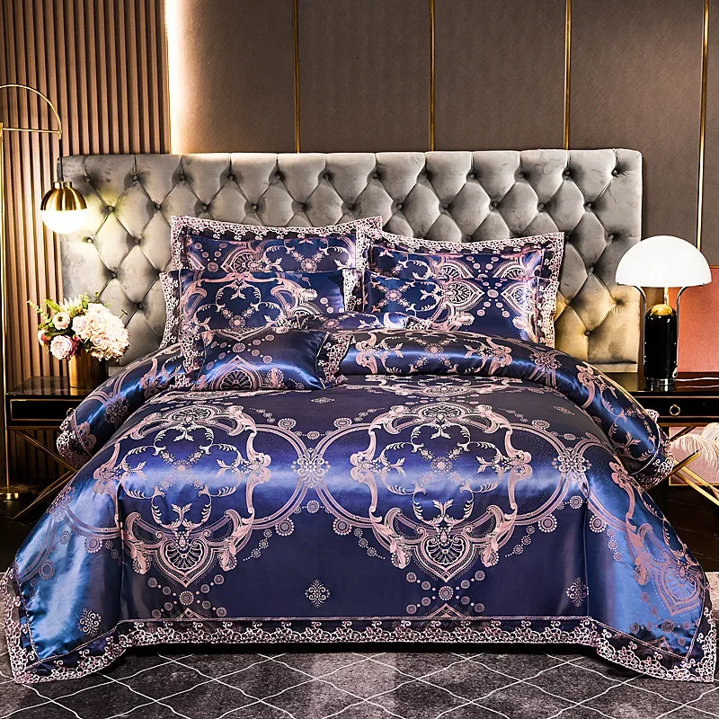 European satin jacquard four-piece set, polished lace lace quilt cover, bed sheet, high-end bedding kit