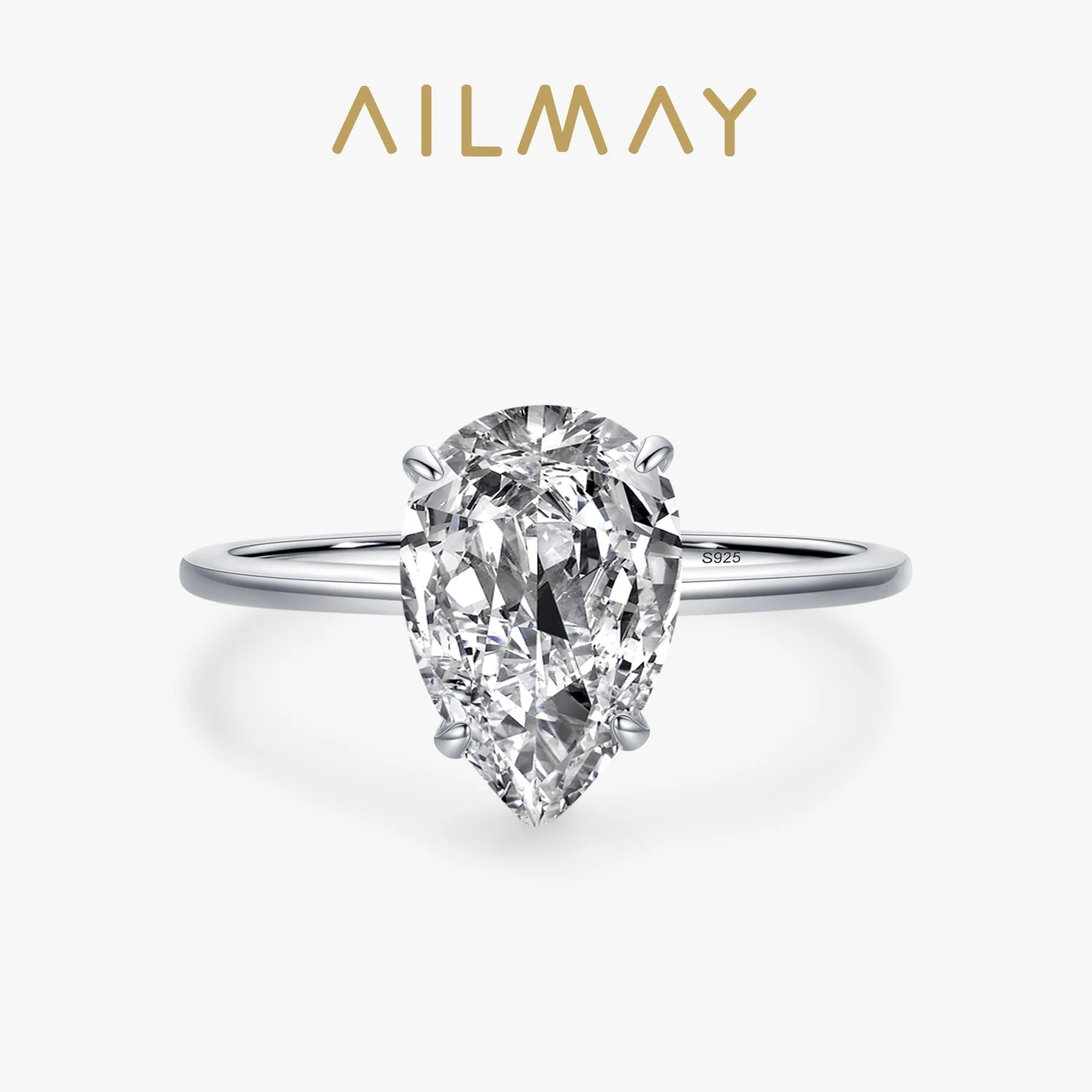 Ailmay Real 925 Sterling Silver Luxury 3ct Water Drop Shape Sparkling Clear Zircon Finger Ring For Women Statement Jewelry Gift