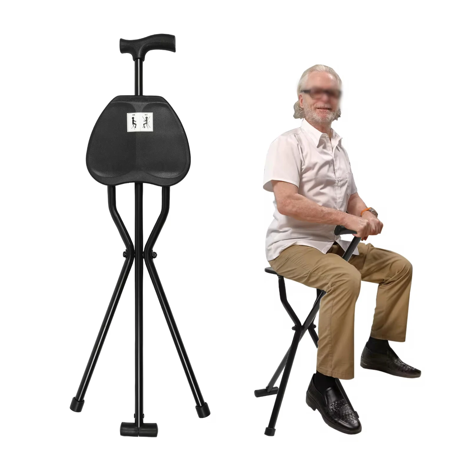 Portable Walking Cane with Tripod Chair Seat Stool Folding Adjustable Walking Stick Fishing Hiking Chairs