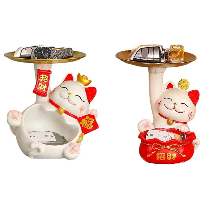 Fortune Cat Statue, Creatives Cute Fortune Cat Tray, Resin Fortune Cat Statue With Dish, Fortune Cat Key Storage Tray Durable B