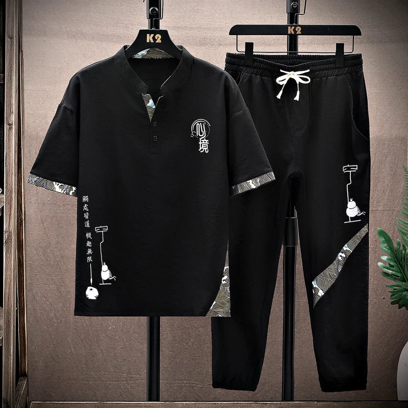 Summer 2Pcs/set Men's Cotton Linen Blend Sets Short Sleeve V-neck T Shirts Pants Set Casual Men Beach Clothes Set