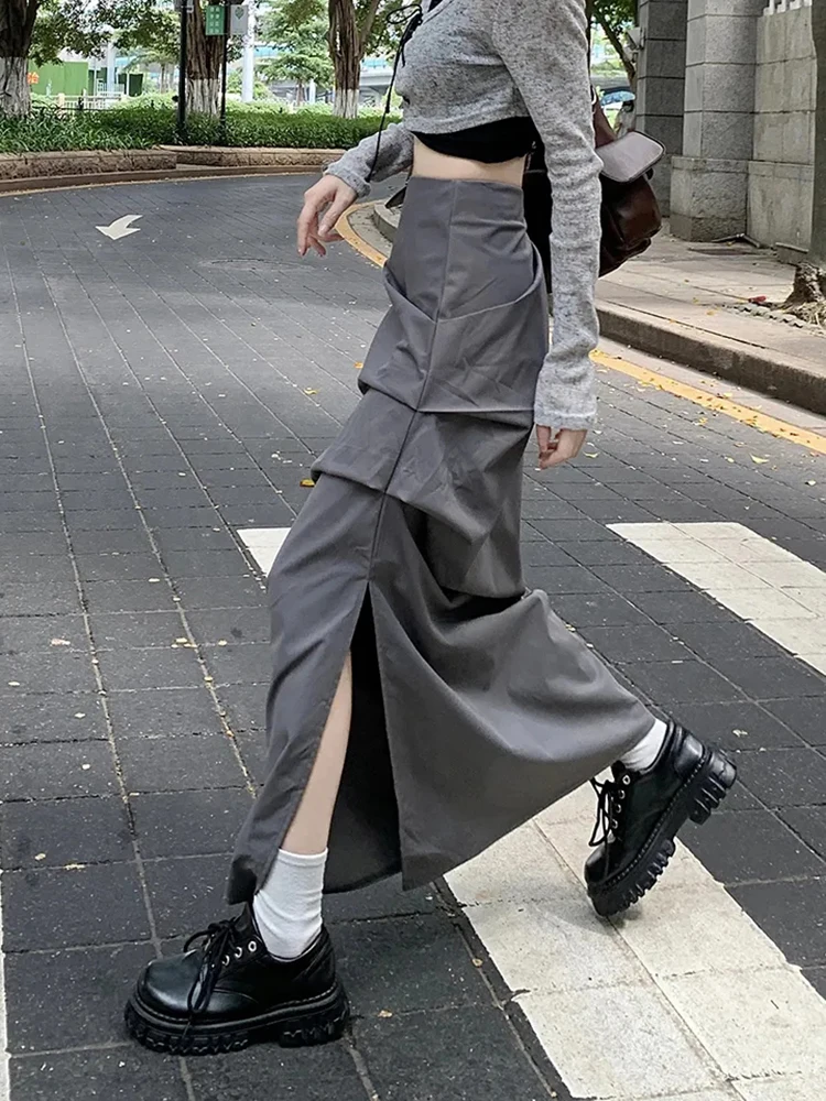 Zoki Streetwear Retro Cargo Long Skirts Women High Waist Casual Y2K Slit Skirt American Harajuku Vintage Design Lady Slim Skirts