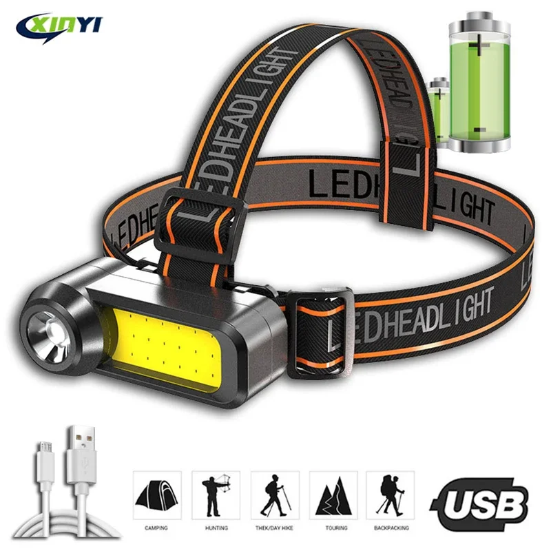 Super Bright COB LED Headlamp Long Range USB Rechargeable Headlight Use 18650 Battery Waterproof Head Lamp Portable Head Light