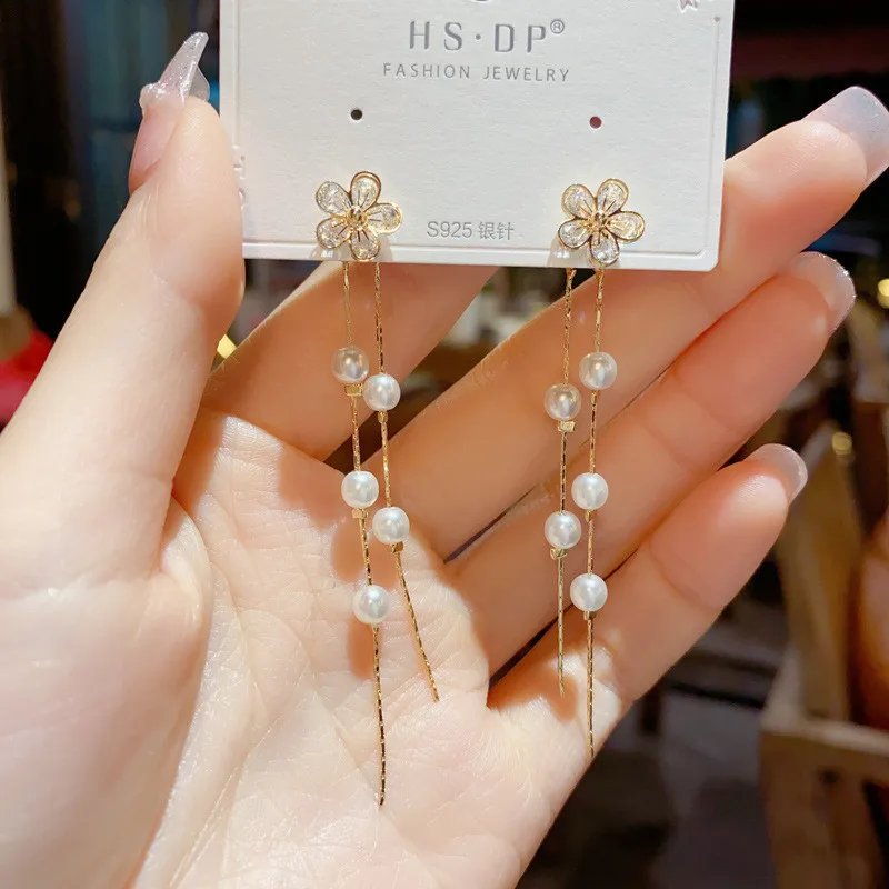 Zircon Flower Pearl Tassel Long Style Classy Light Luxury Earrings