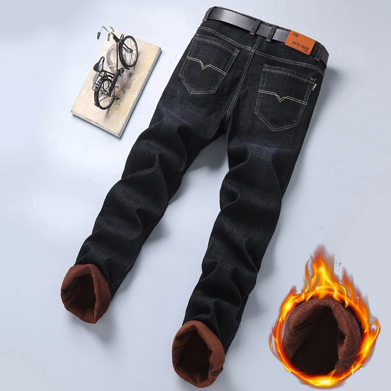 2024 inverno agnello lanugine Denim pantaloni dritti uomo addensare Big Size 40 Jeans a vita alta Stretch Jeansy Fleece foderato Jeans Slim caldi