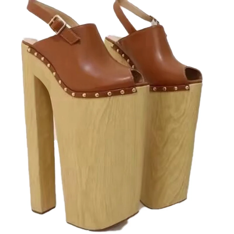DIZHUANG Sandalias sexy de tacón alto para mujer. Sandalias de piel marrón. Zapatos personalizados. Aproximadamente 36 cm de altura del tacón. Tacones ultra altos.