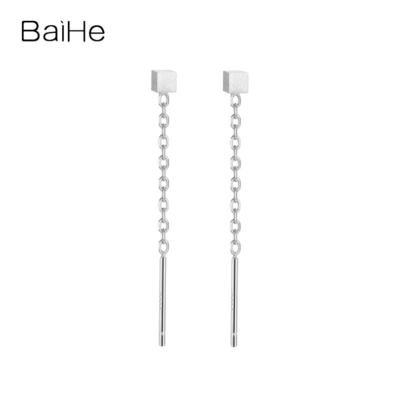 

BAIHE Solid 14K White/Yellow/Rose Gold Square Ear line Long Earrings for Women Wedding Engagement Fine Jewelry Linia urechii