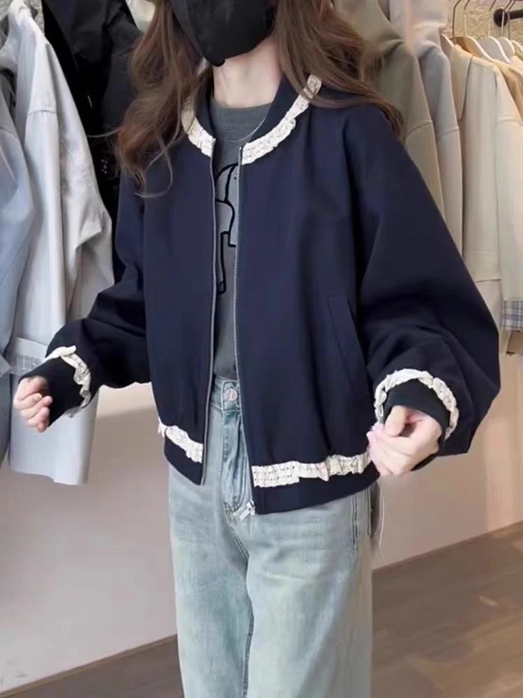 Giacca da baseball corta in pizzo con colletto alla coreana stile coreano Capispalla casual slim fit alla moda primaverile 2025 da donna