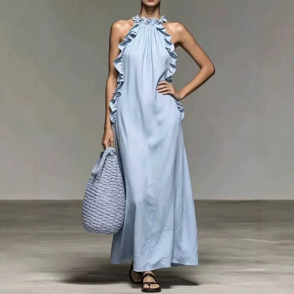 

Casual Ruffled Neck Halter Sleeveless Long Dress Women'S Summer Loose Long A-Line Skirt Elegant Woman Maxi Dress 2026 Holiday