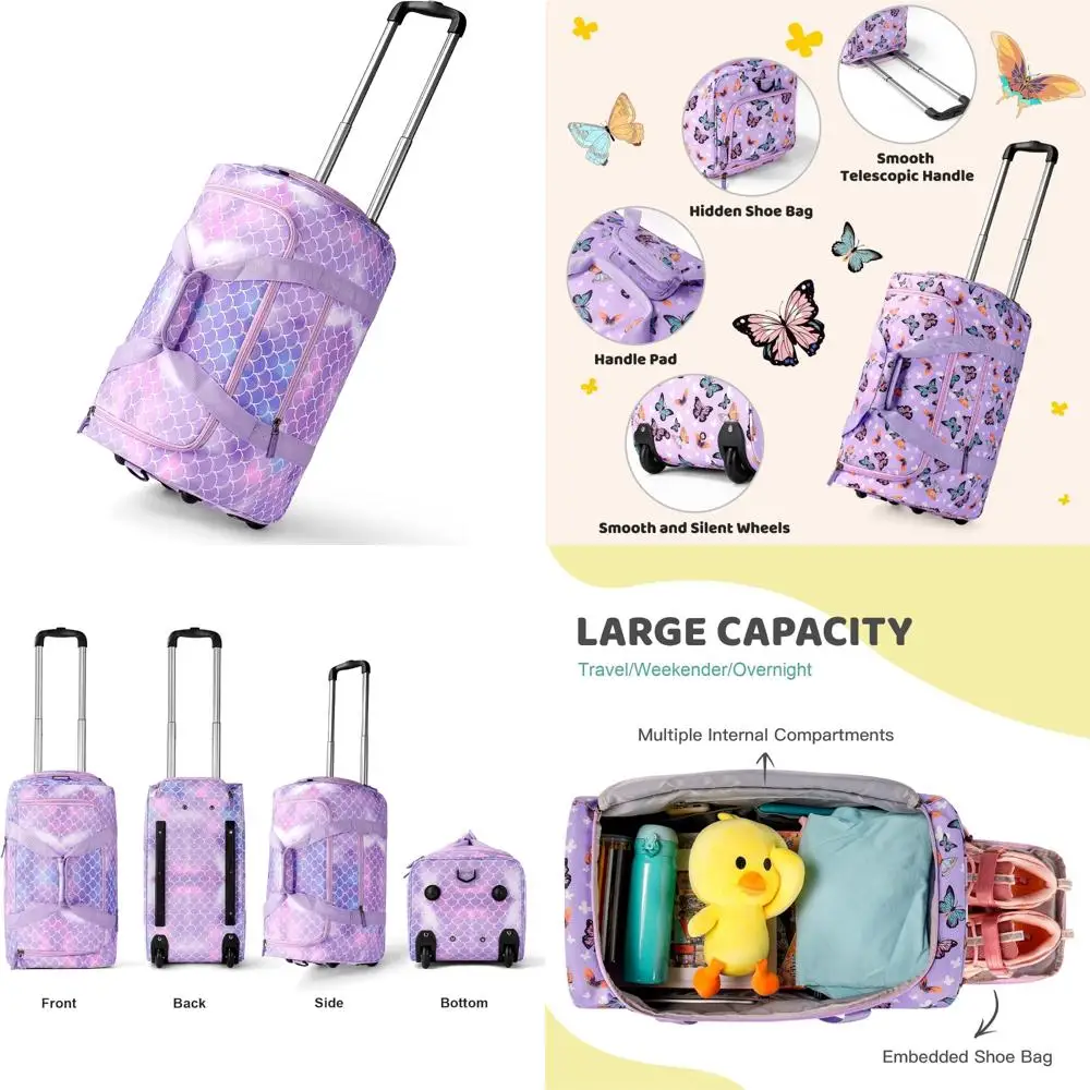 حقيبة حورية البحر باللون الأرجواني مع عجلات للأطفال والتخييم والسفر - حقيبة أمتعة للأطفال الصغار إلى المراهقين للفتيات #1