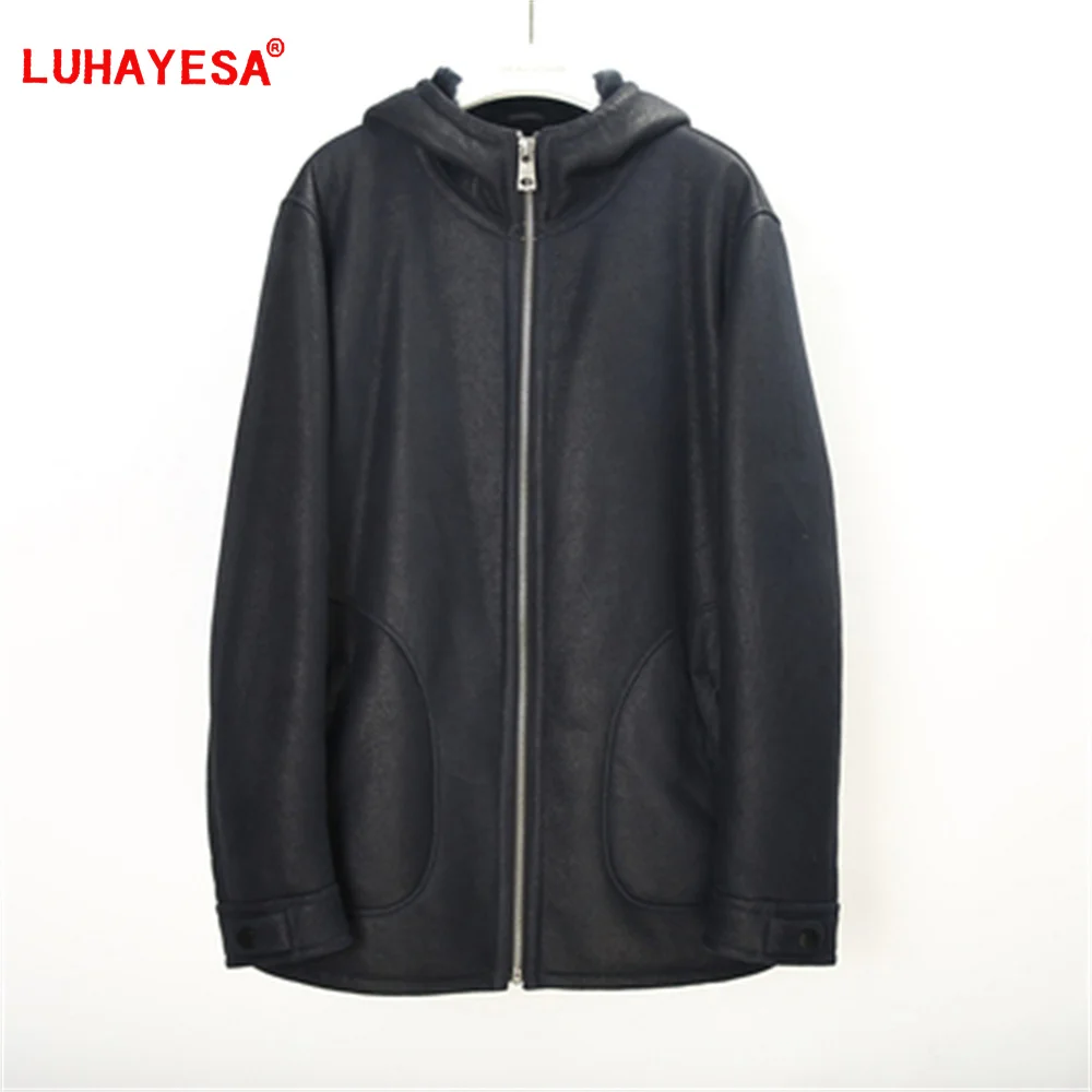 

2023 New Men Hooded Black Top Quality Merino Sheepskin Shearling Fur Coat Male Casual 100% Natural Leather Sheepskin Fur Jackets